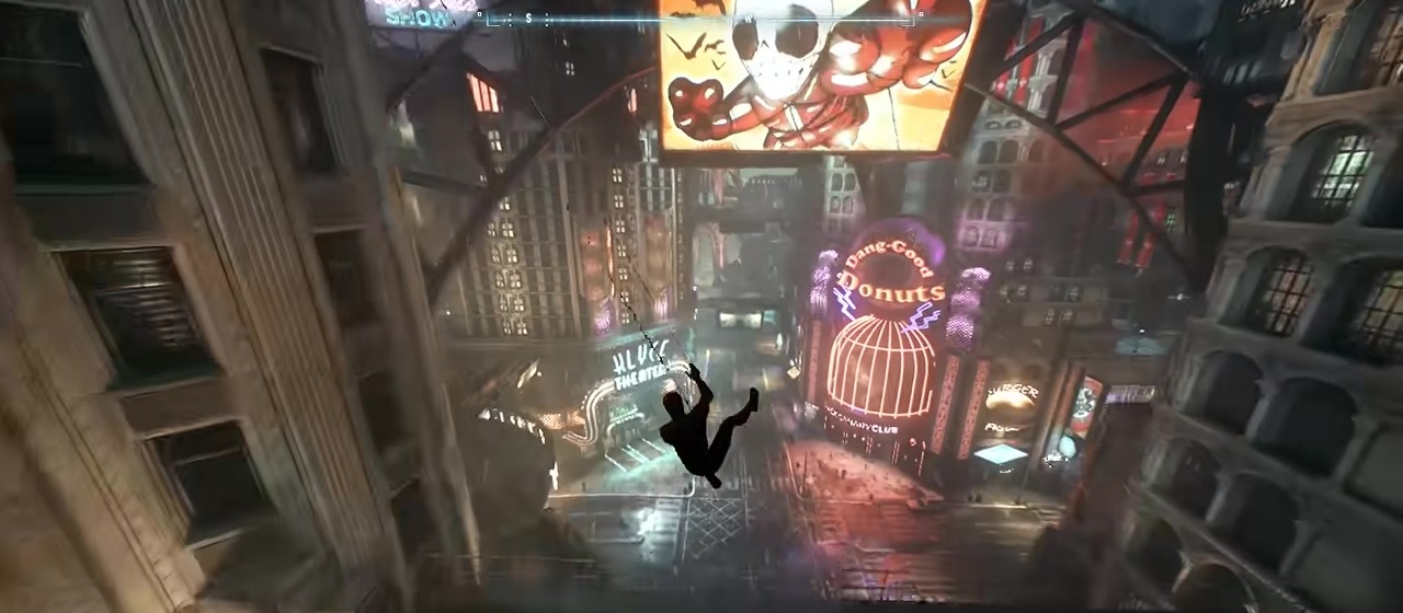 Spider-Man over Gotham at night
