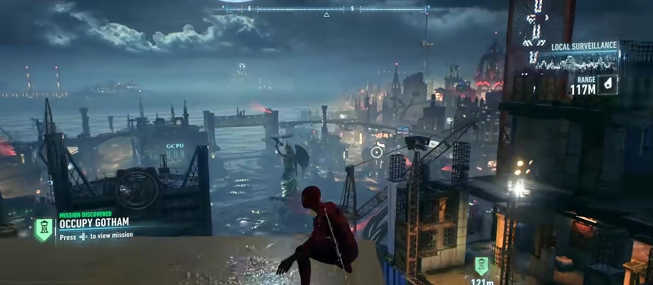 Spider-Man swinging through Arkham Knight's Gotham